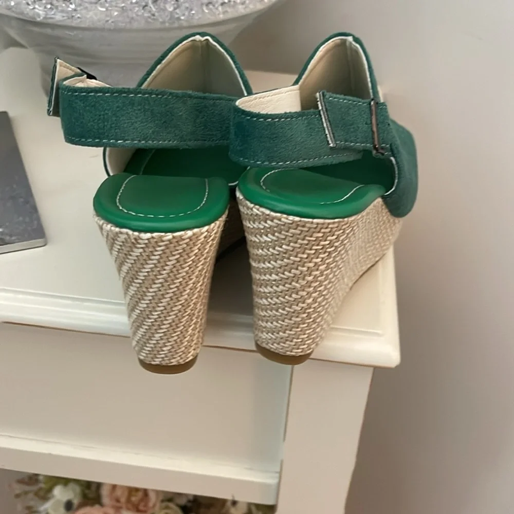 Green Suede Peep-Toe Wedge Slingbacks
